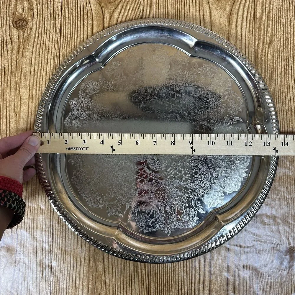 Vintage‎ Finest Nickel Plated Tinplate Serving Platter Tarnish Proof Floral 14”